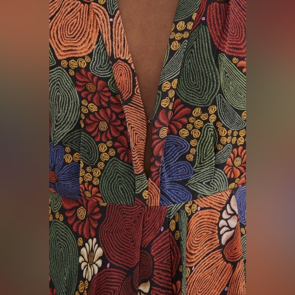 Farm Rio Black Stitched Flowers V Neck Maxi Dress— Women’s Medium - Picture 2 of 10